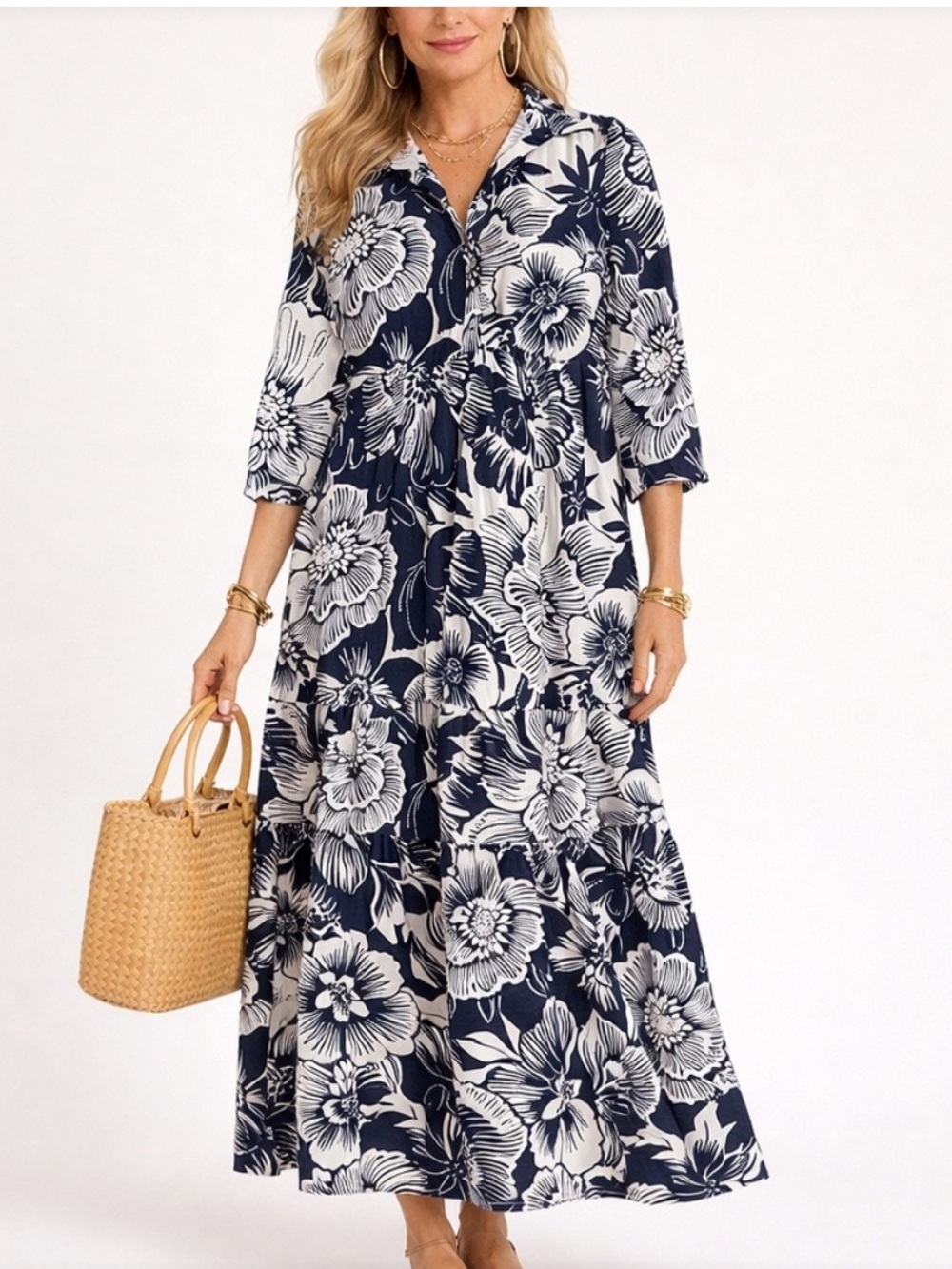 Rachel Zoe navy blue and white tropical floral midi dress